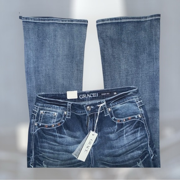 Grace in LA NWT Women's Deep Indigo Boot Cut Jeans With Aztec Pattern - Picture 4 of 9